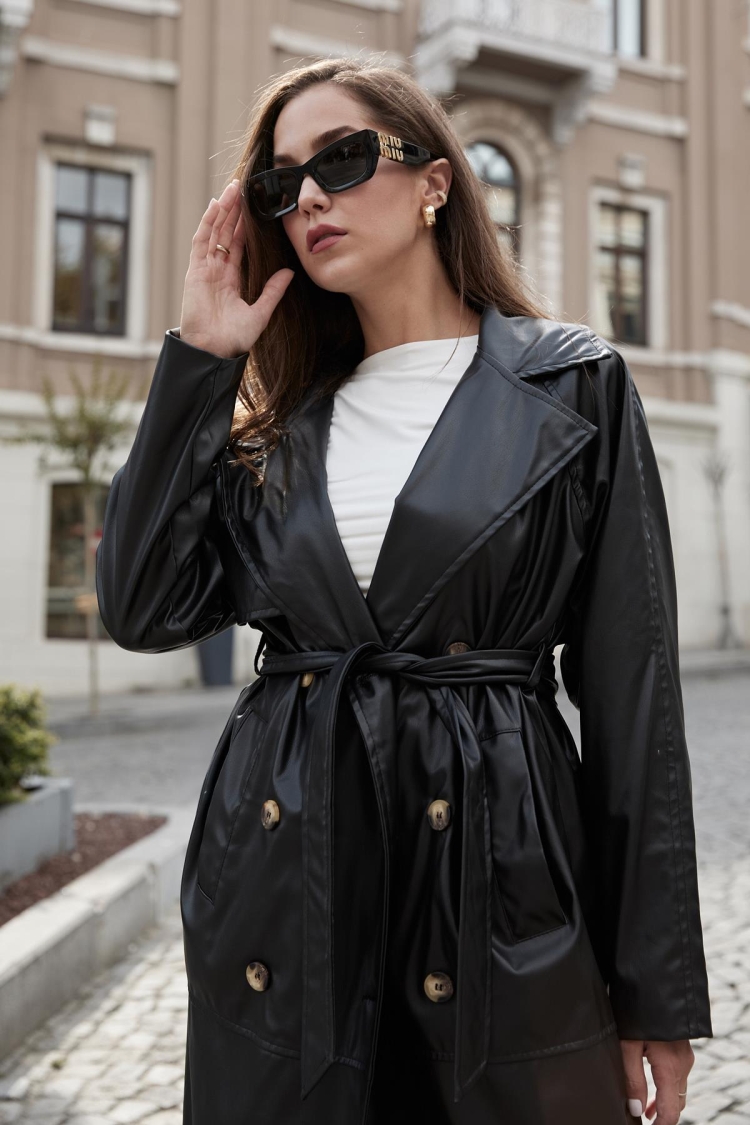 Leather Fabric Waist Belted Women's Trench Coat - Producer: Levure - Wholesale Women Clothes - TheBS Women