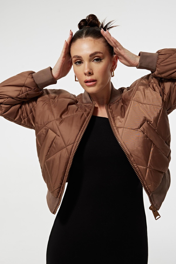 Polyester Fabric Ribbed Collar Diamond Pattern Short Bomber Coat - Producer: Levure - Wholesale Women Clothes - TheBS Women