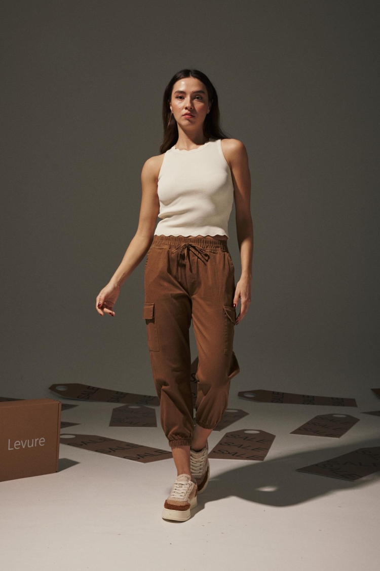 Gabardine Waist Elastic Women's Trousers - Tan - Producer: Levure - Wholesale Women Clothes - TheBS Women