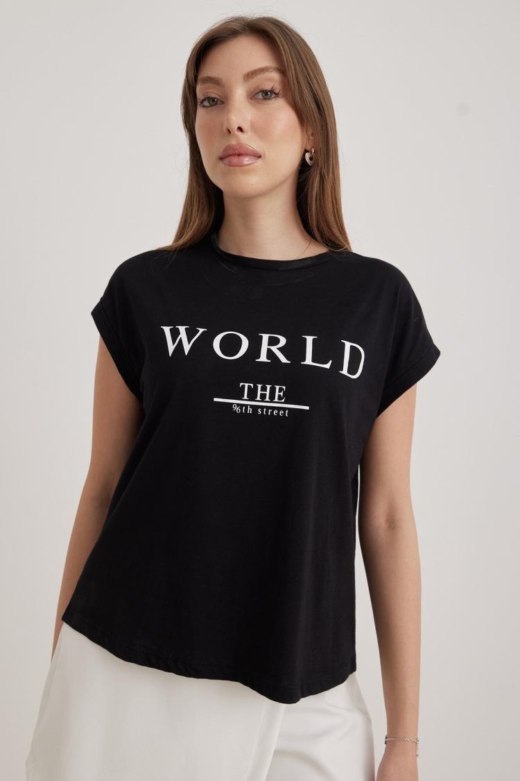 Text Printed T-Shirt - Black - Producer: Levure - Wholesale Women Clothes - TheBS Women