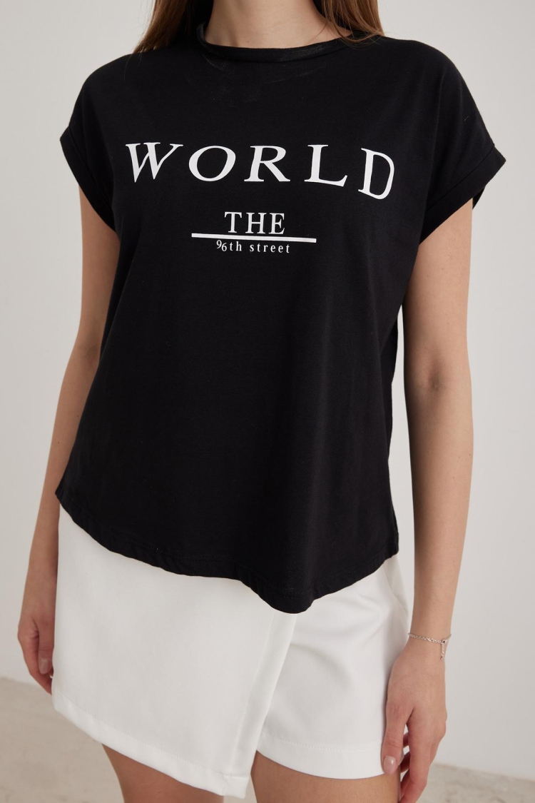 Text Printed T-Shirt - Black - Producer: Levure - Wholesale Women Clothes - TheBS Women