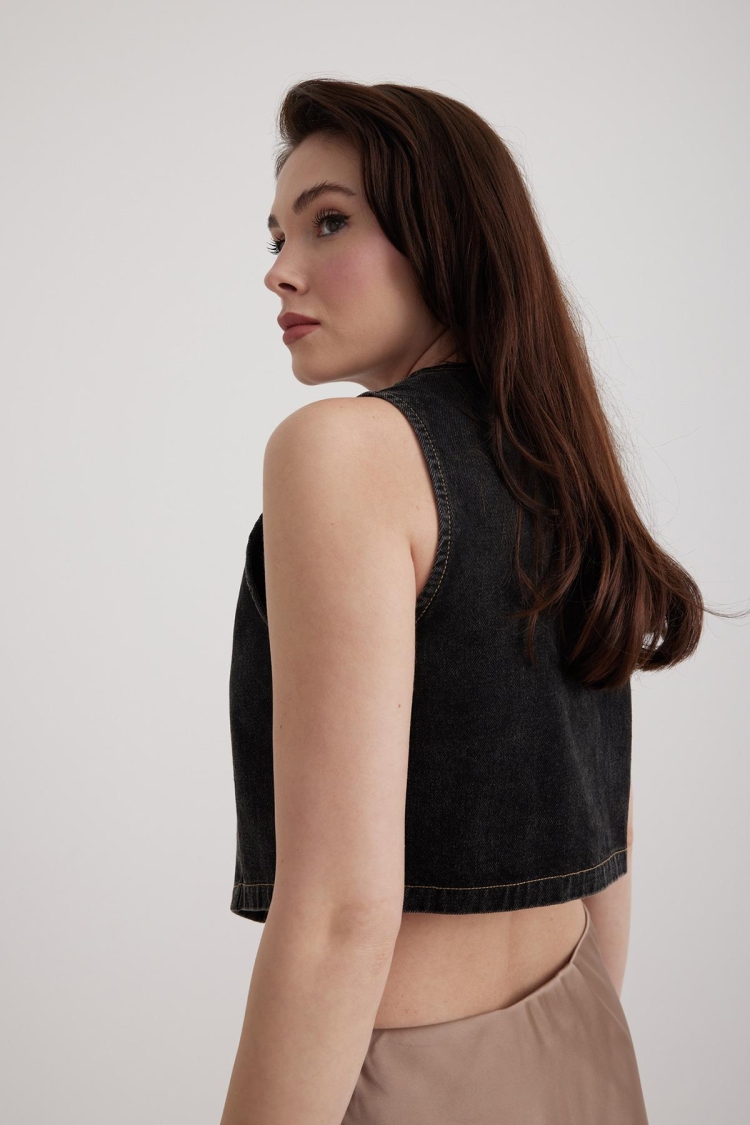 V-Neck Black Women's Denim Vest - Snow Wash Black - Producer: Levure - Wholesale Women Clothes - TheBS Women