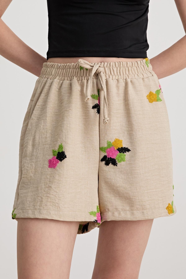 Flower Patterned Linen Shorts With Elastic Waist Stone - Producer: Levure - Wholesale Women Clothes - TheBS Women
