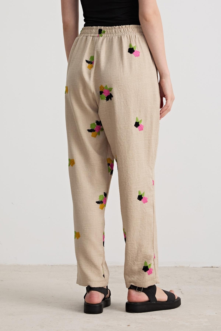 Women's Floral Patterned Elastic Waist Trousers Stone - Producer: Levure - Wholesale Women Clothes - TheBS Women
