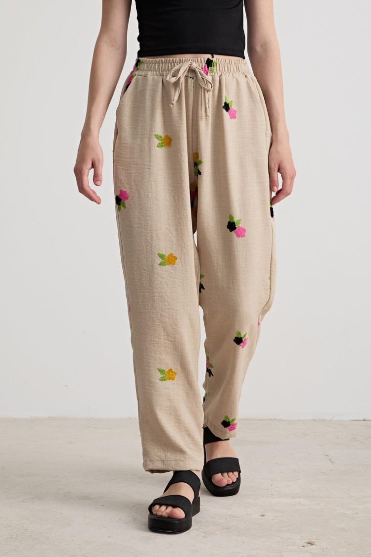 Women's Floral Patterned Elastic Waist Trousers Stone - Producer: Levure - Wholesale Women Clothes - TheBS Women