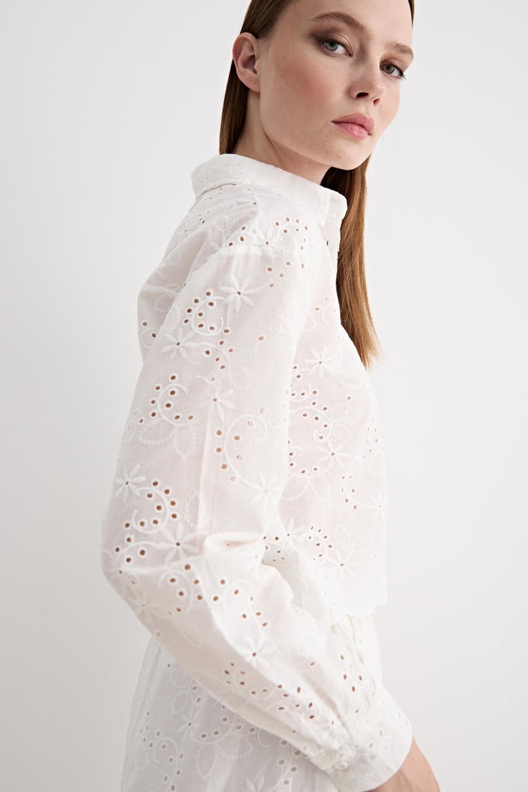 Guipure Detailed Long Sleeve Shirt White - Producer: Levure - Wholesale Women Clothes - TheBS Women
