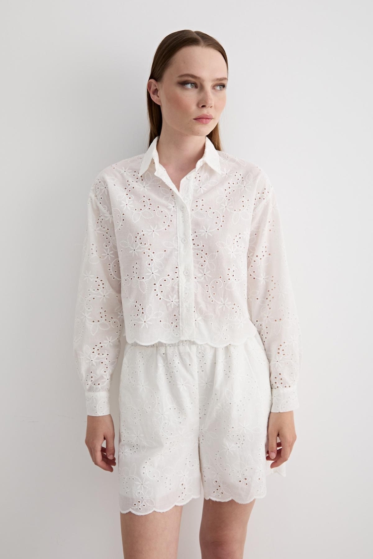 Guipure Detailed Long Sleeve Shirt White - Producer: Levure - Wholesale Women Clothes - TheBS Women