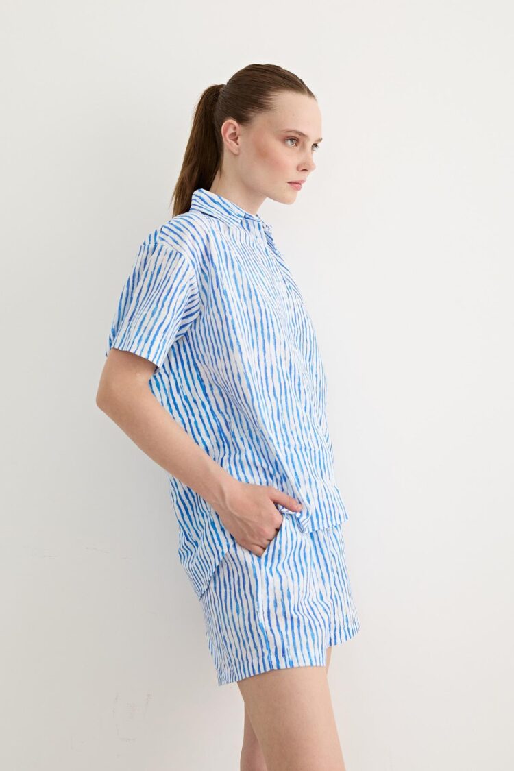 Bead Detailed Striped Short Shorts Blue - Producer: Levure - Wholesale Women Clothes - TheBS Women