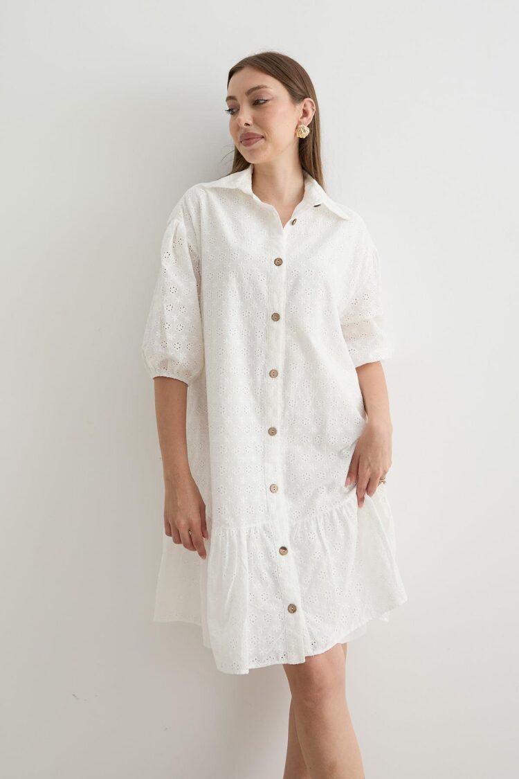 Women's Floral Patterned Short Sleeve Dress White - Producer: Levure - Wholesale Women Clothes - TheBS Women