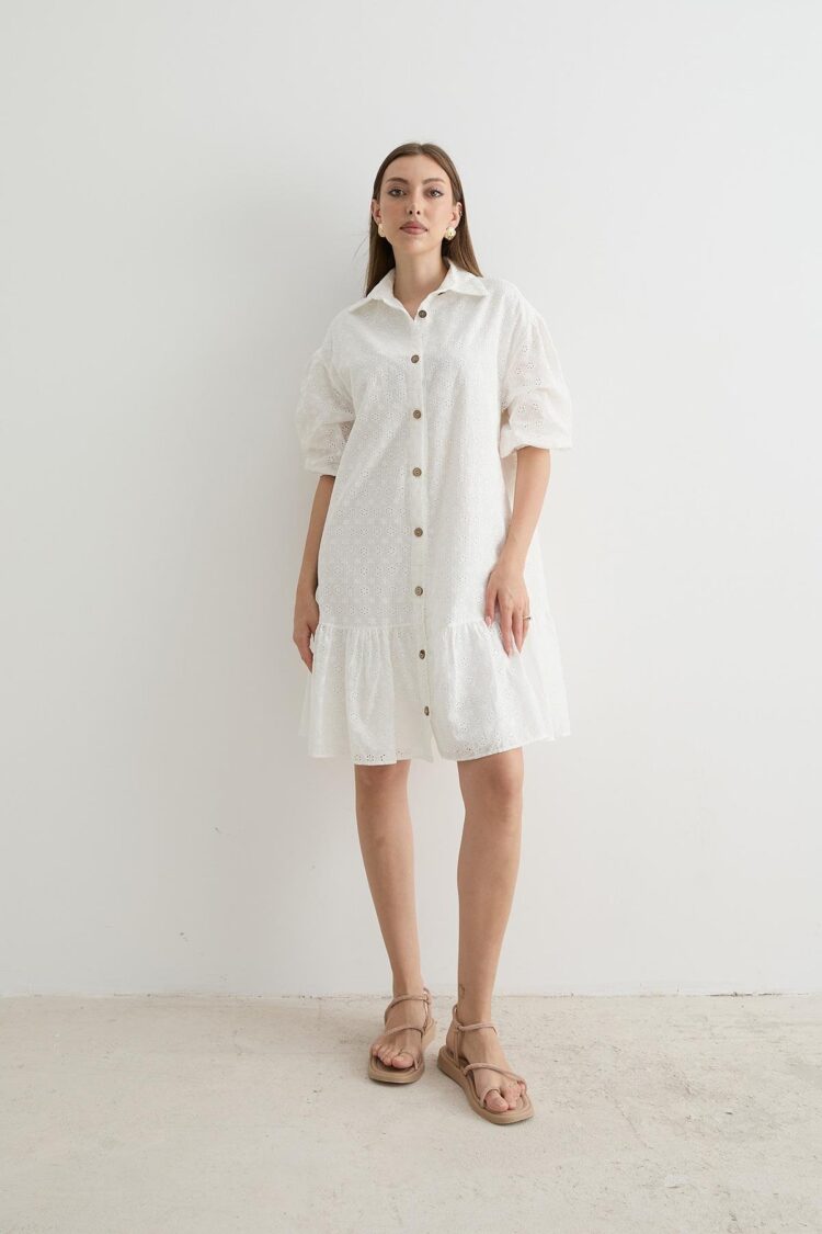 Women's Floral Patterned Short Sleeve Dress White - Producer: Levure - Wholesale Women Clothes - TheBS Women