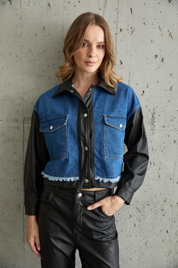 Leather Detailed Sleeve Snap Denim Jacket Black - Producer: Levure - Wholesale Women Clothes - TheBS Women