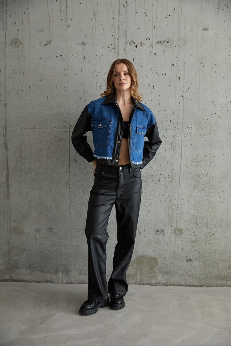 Leather Detailed Sleeve Snap Denim Jacket Black - Producer: Levure - Wholesale Women Clothes - TheBS Women