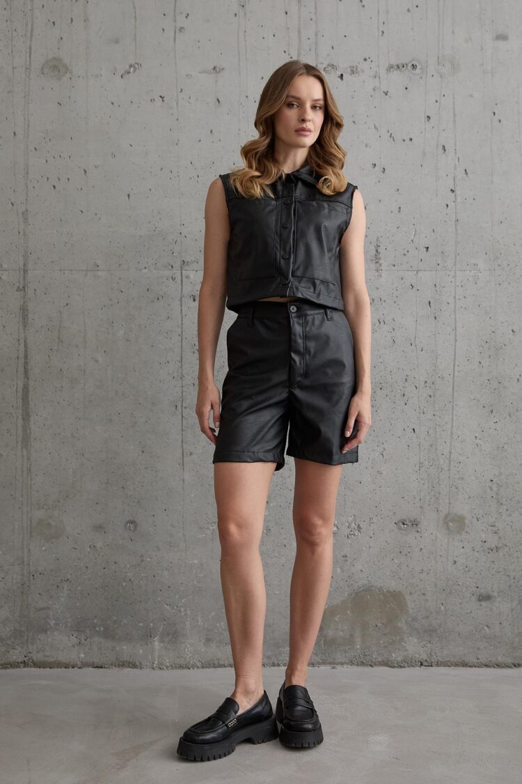 Women's Button Detailed Leather Short Shorts Black - Producer: Levure - Wholesale Women Clothes - TheBS Women