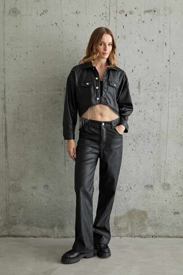 Chain Detailed Buttoned Leather Jacket Black - Producer: Levure - Wholesale Women Clothes - TheBS Women