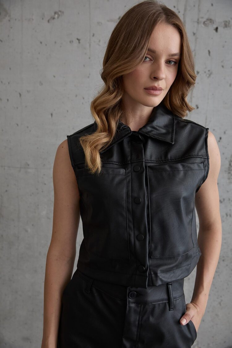 Snap Detail Sleeveless Leather Vest Black - Producer: Levure - Wholesale Women Clothes - TheBS Women