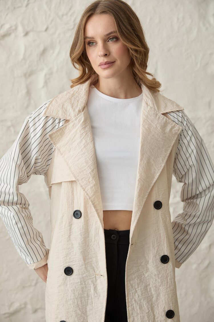 Back Print Detailed Buttoned Trench Coat - Producer: Levure - Wholesale Women Clothes - TheBS Women