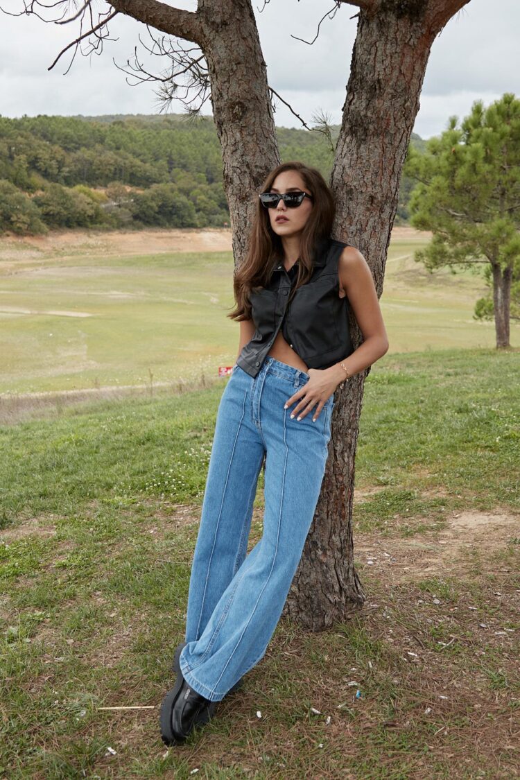 Button Detailed Wide Leg Jeans - Blue - Producer: Levure - Wholesale Women Clothes - TheBS Women