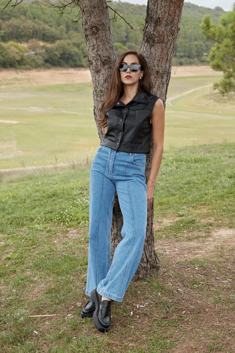 Button Detailed Wide Leg Jeans - Blue - Producer: Levure - Wholesale Women Clothes - TheBS Women
