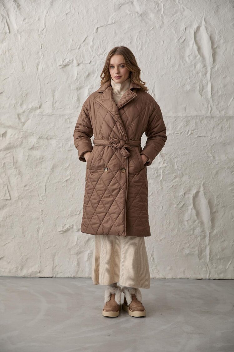 Jacket Collar Waist Belted Quilted Long Women's Coat - Producer: Levure - Wholesale Women Clothes - TheBS Women
