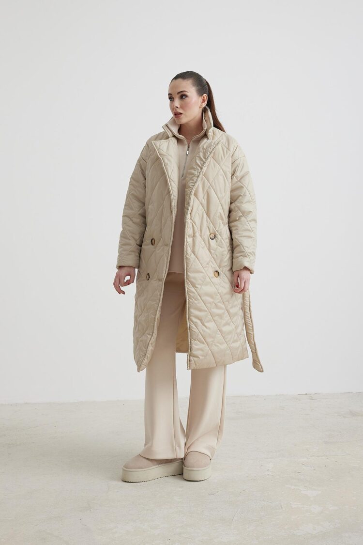 Jacket Collar Waist Belted Quilted Long Women's Coat - Producer: Levure - Wholesale Women Clothes - TheBS Women