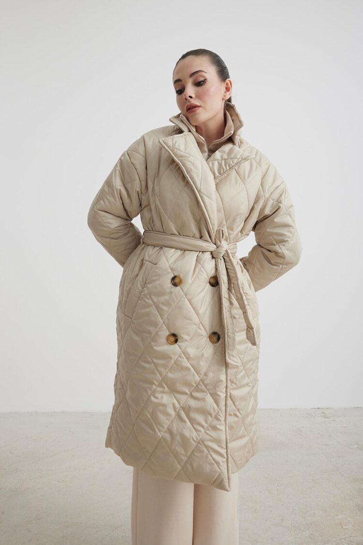 Jacket Collar Waist Belted Quilted Long Women's Coat - Producer: Levure - Wholesale Women Clothes - TheBS Women
