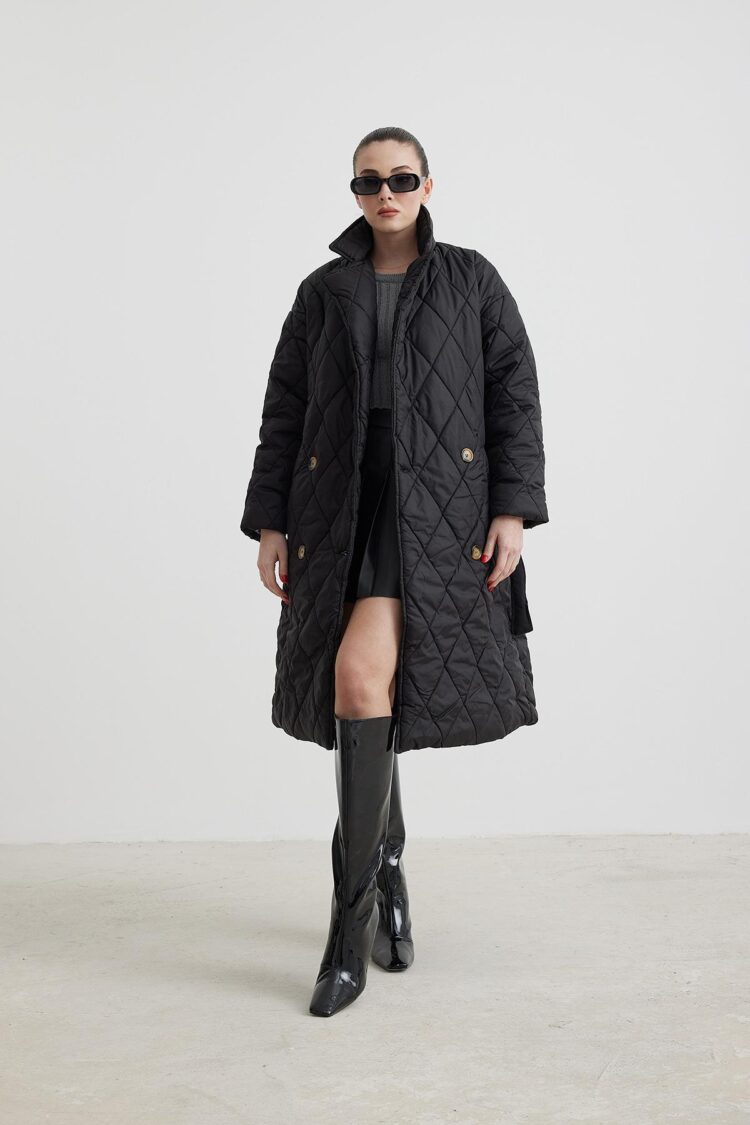 Jacket Collar Waist Belted Quilted Long Women's Coat - Producer: Levure - Wholesale Women Clothes - TheBS Women