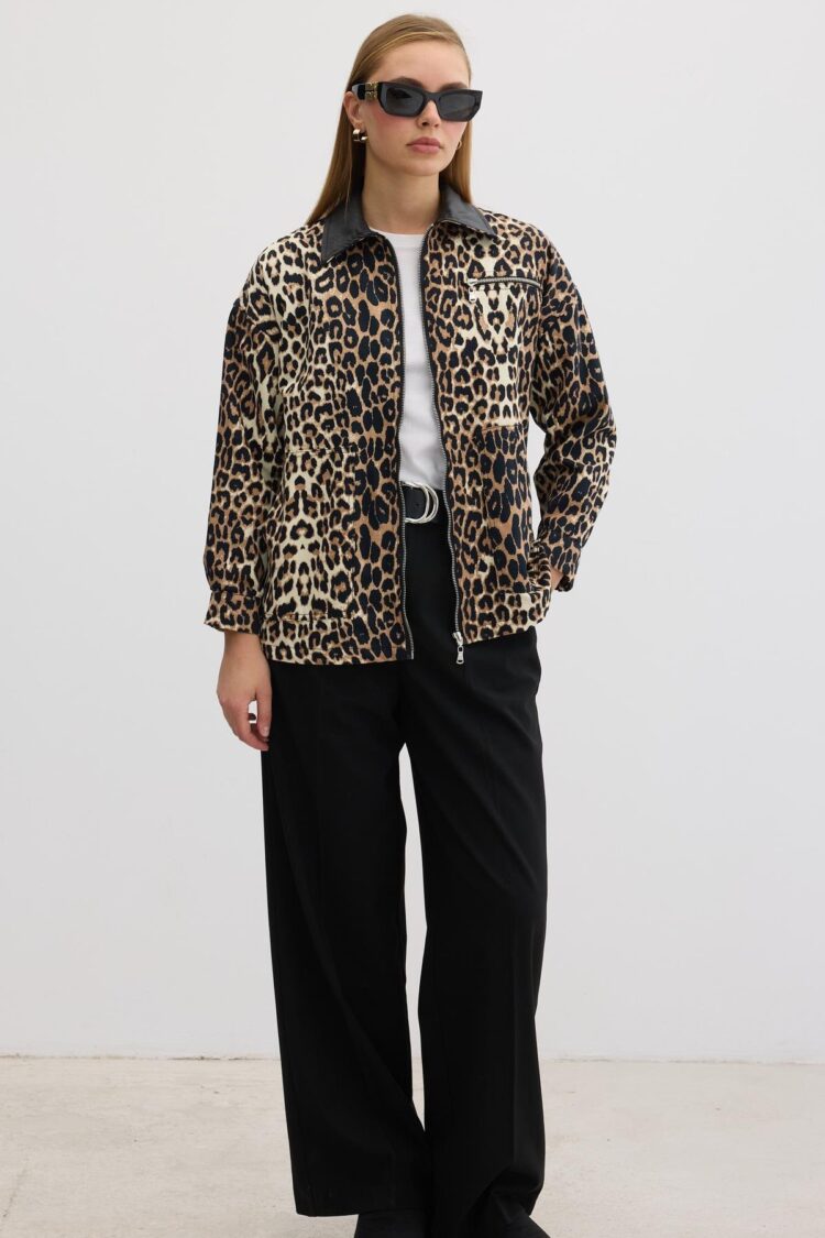Women's Leopard Patterned Collar Garnished Coat - Brown - Producer: Levure - Wholesale Women Clothes - TheBS Women
