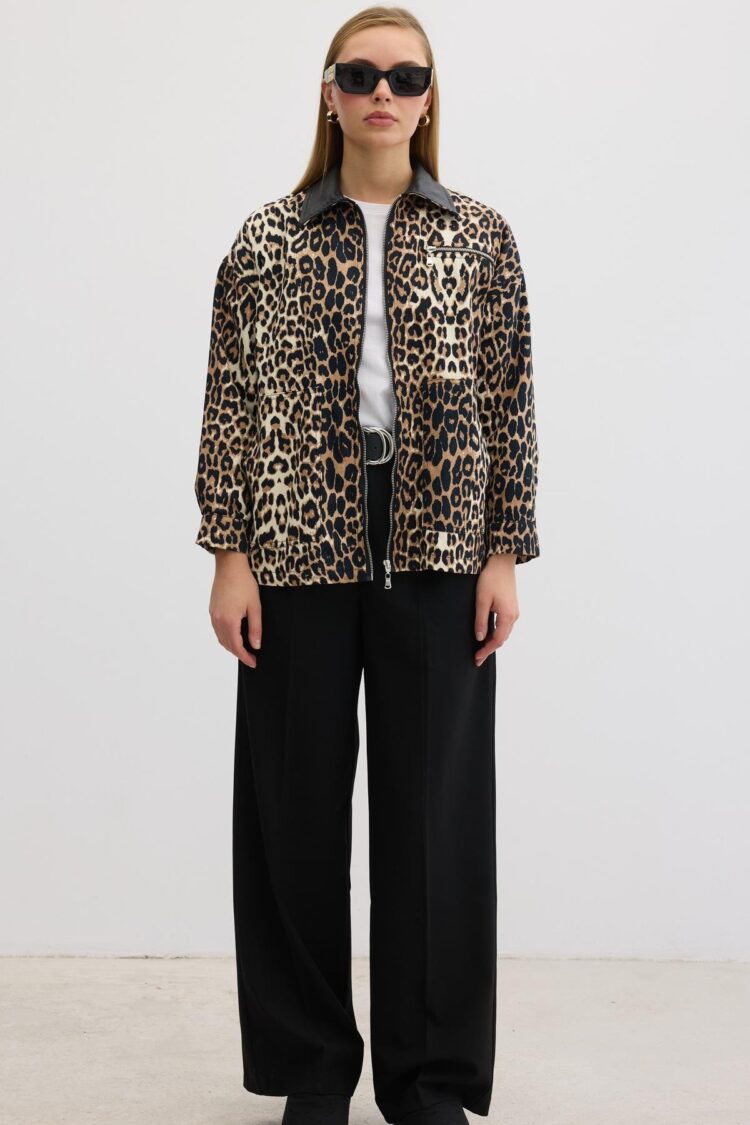 Women's Leopard Patterned Collar Garnished Coat - Brown - Producer: Levure - Wholesale Women Clothes - TheBS Women