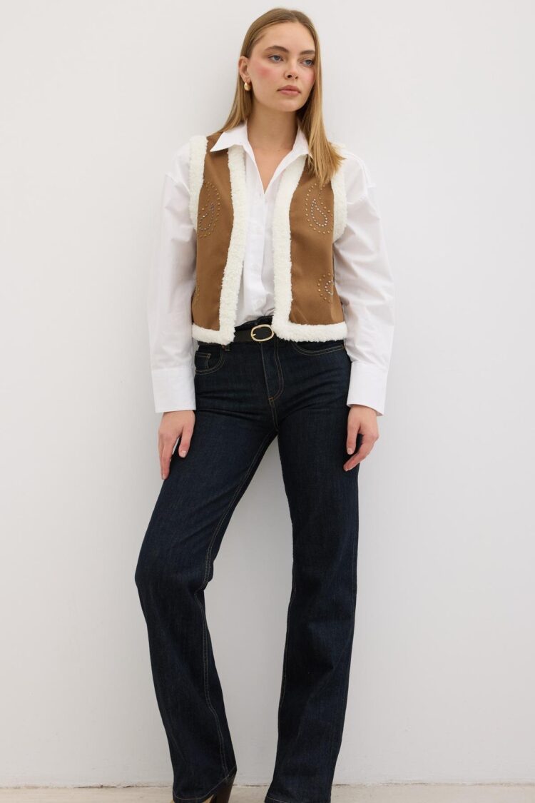 Garni Curly Detailed Stone Patterned Gabardine Vest Camel - Producer: Levure - Wholesale Women Clothes - TheBS Women