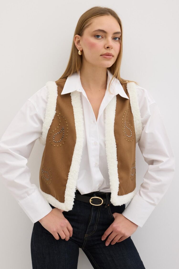 Garni Curly Detailed Stone Patterned Gabardine Vest Camel - Producer: Levure - Wholesale Women Clothes - TheBS Women