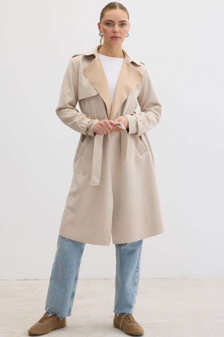 Button Detailed Waist Belted Suede Trench Coat - Producer: Levure - Wholesale Women Clothes - TheBS Women