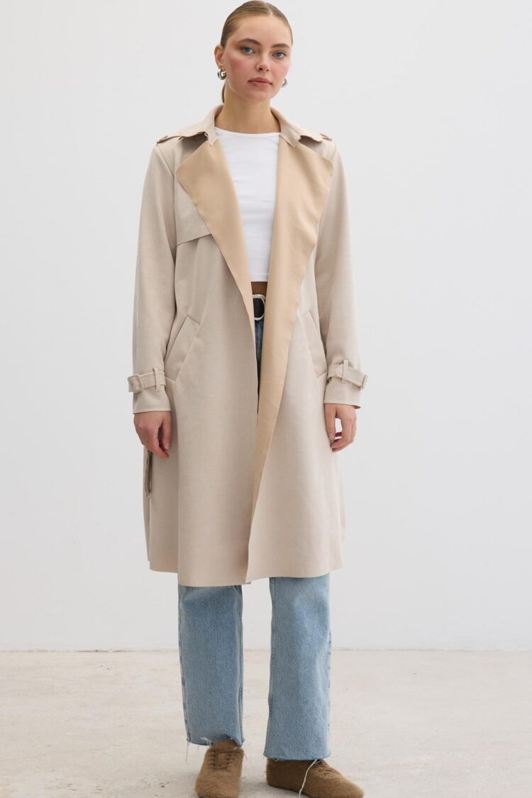 Button Detailed Waist Belted Suede Trench Coat - Producer: Levure - Wholesale Women Clothes - TheBS Women