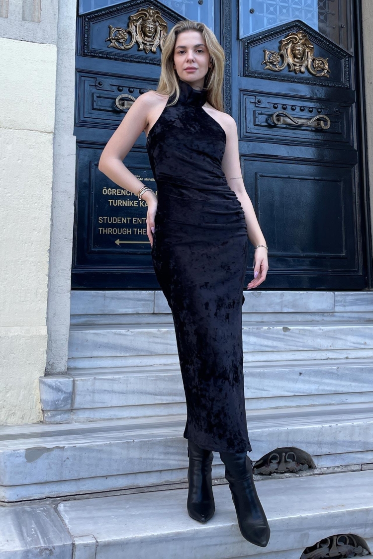 Asymmetrical Collar Velvet Midi Dress Black - Brand: Juste - Women & Kids, Baby Clothes Wholesale - TheBS Women