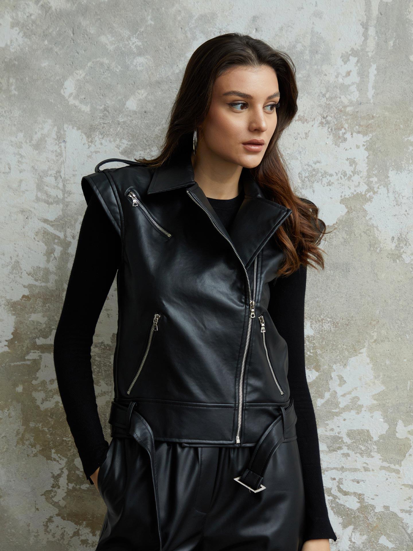Double Breasted Epaulette Detail Black Leather Vest - Producer: Juste - Wholesale Women Clothes - TheBS Women
