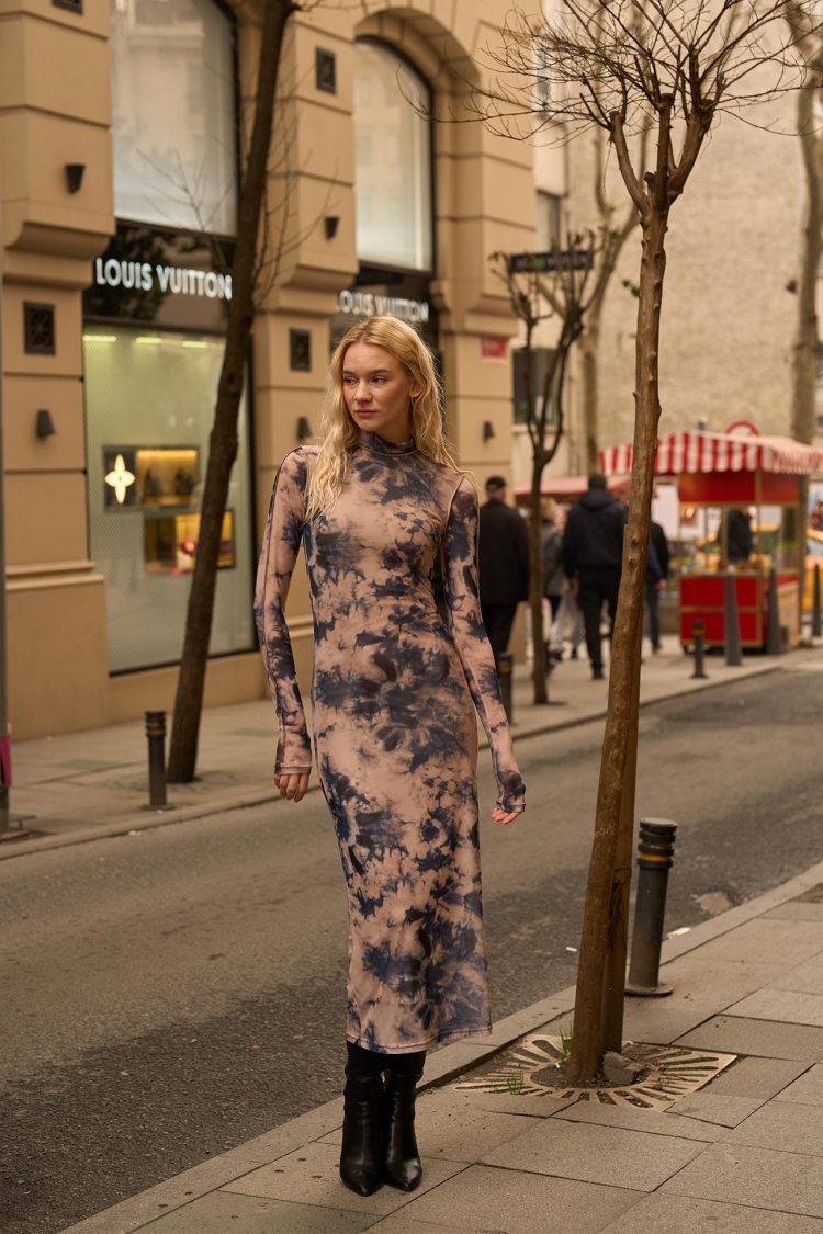 Batik Pattern Midi Long Sleeve Dress - Producer: Juste - Wholesale Women Clothes - TheBS Women