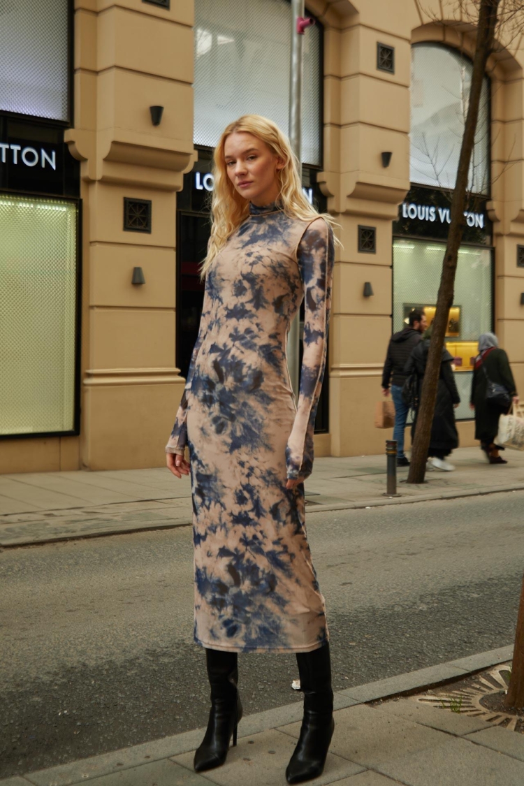 Batik Pattern Midi Long Sleeve Dress - Producer: Juste - Wholesale Women Clothes - TheBS Women