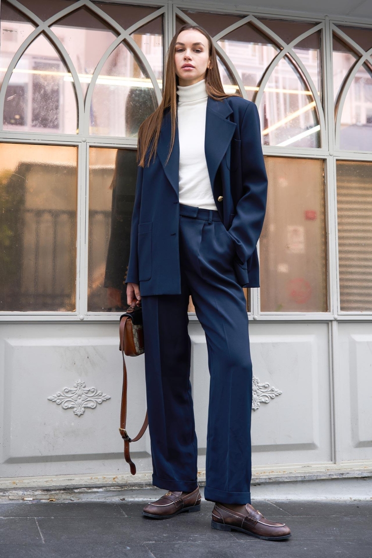 Double Leg Iron Traced Fabric Trousers Navy Blue - Producer: Juste - Wholesale Women Clothes - TheBS Women