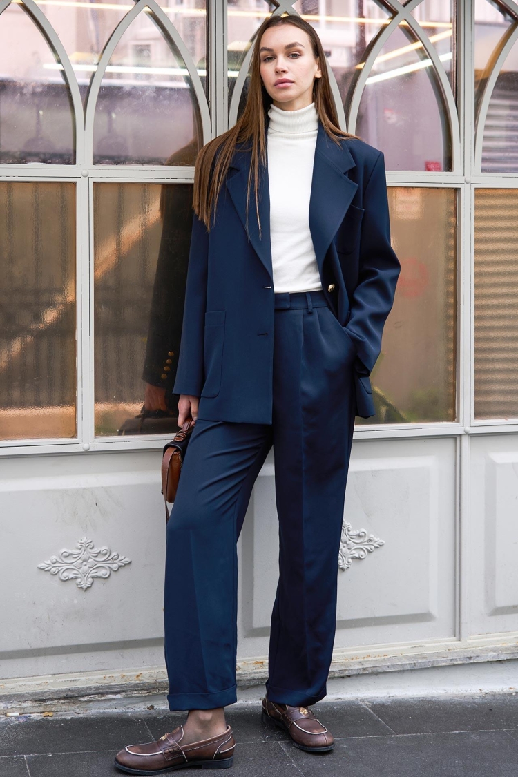 Double Leg Iron Traced Fabric Trousers Navy Blue - Producer: Juste - Wholesale Women Clothes - TheBS Women