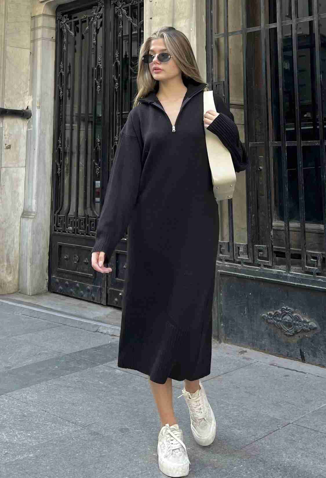 Zippered Stand Collar Casual Knit Dress - Black - Brand: la & vetta - Women & Kids, Baby Clothes Wholesale - TheBS Women