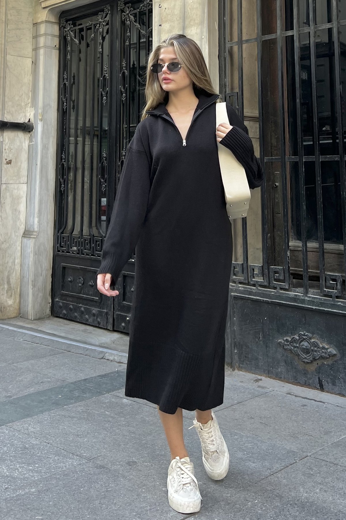 Zippered Stand Collar Casual Knit Dress - Black - Brand: la & vetta - Women & Kids, Baby Clothes Wholesale - TheBS Women