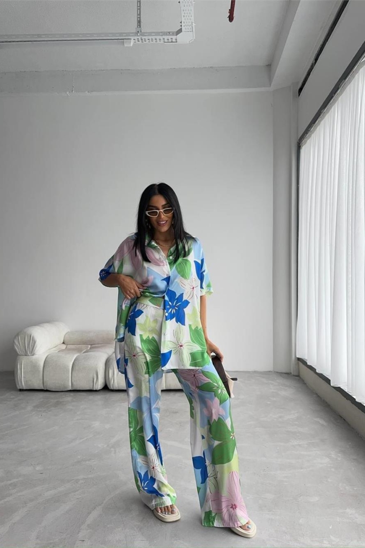 Floral Patterned Satin Suit Green - Producer: Ello - Wholesale Women Clothes - TheBS Women