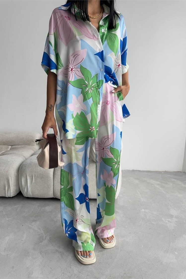 Floral Patterned Satin Suit Green - Producer: Ello - Wholesale Women Clothes - TheBS Women