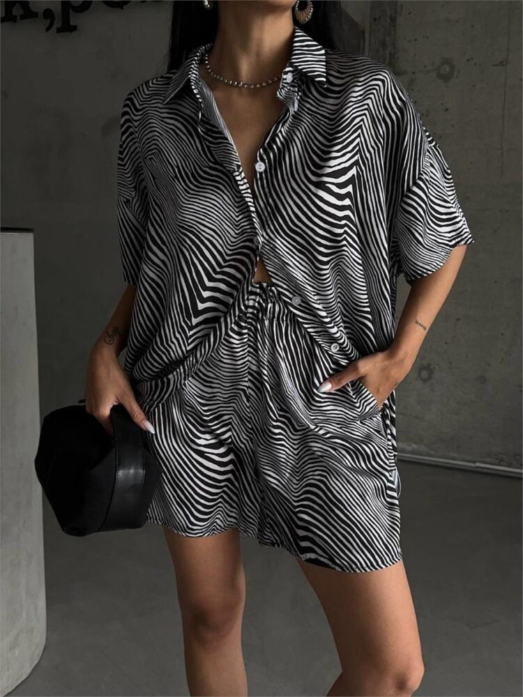 Zebra Patterned Satin Shorts Suit Black - Producer: Ello - Wholesale Women Clothes - TheBS Women