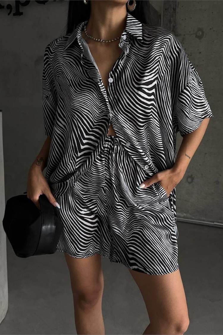 Zebra Patterned Satin Shorts Suit Black - Producer: Ello - Wholesale Women Clothes - TheBS Women