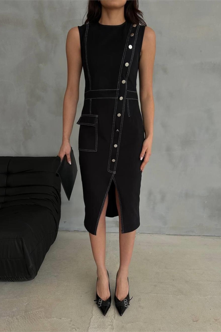 Gabardine Dress With Button And Slit Detail - Black - Producer: Ello - Wholesale Women Clothes - TheBS Women