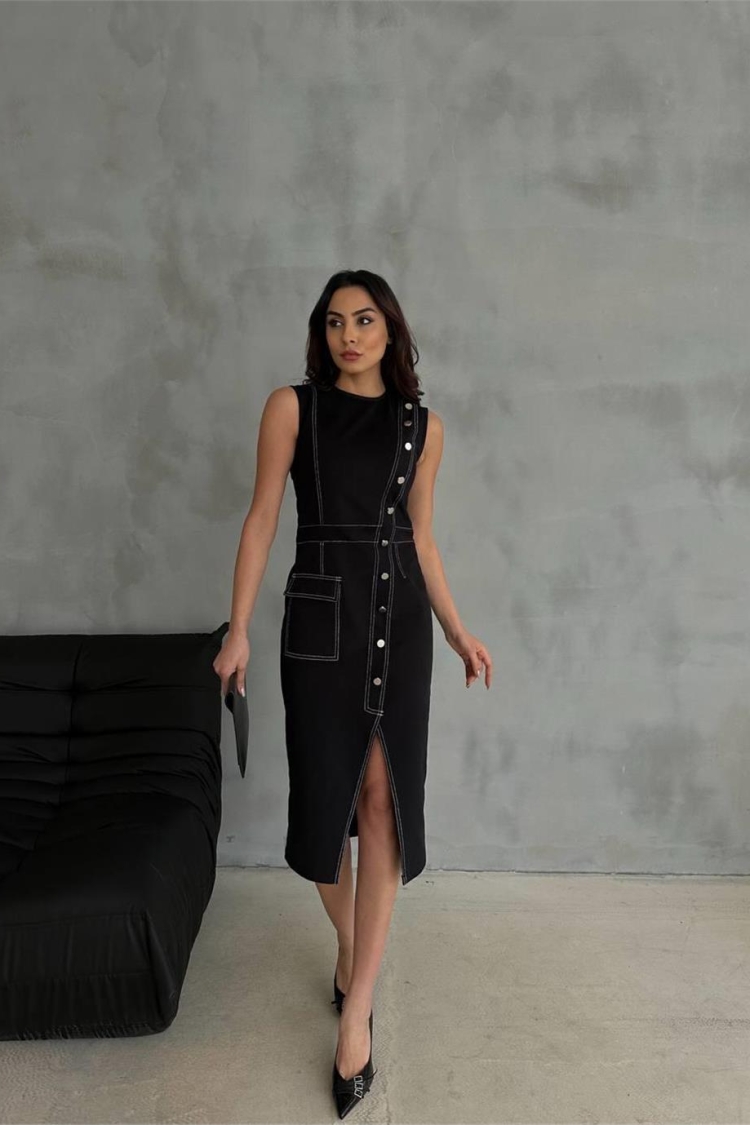 Gabardine Dress With Button And Slit Detail - Black - Producer: Ello - Wholesale Women Clothes - TheBS Women