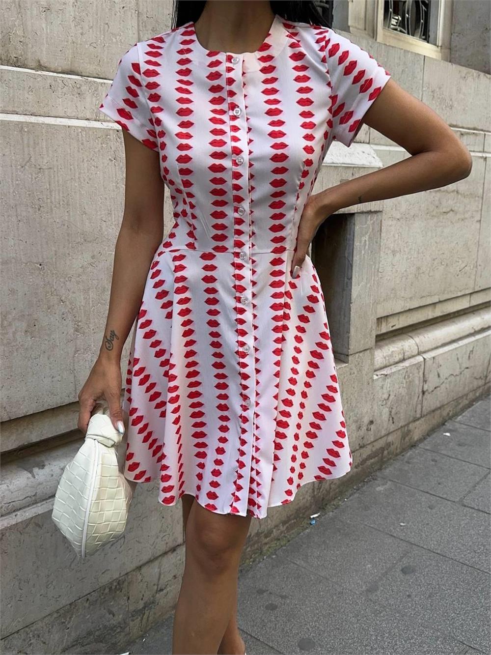 Button Front Lip Pattern Dress - White & Red - Producer: Ello - Wholesale Women Clothes - TheBS Women