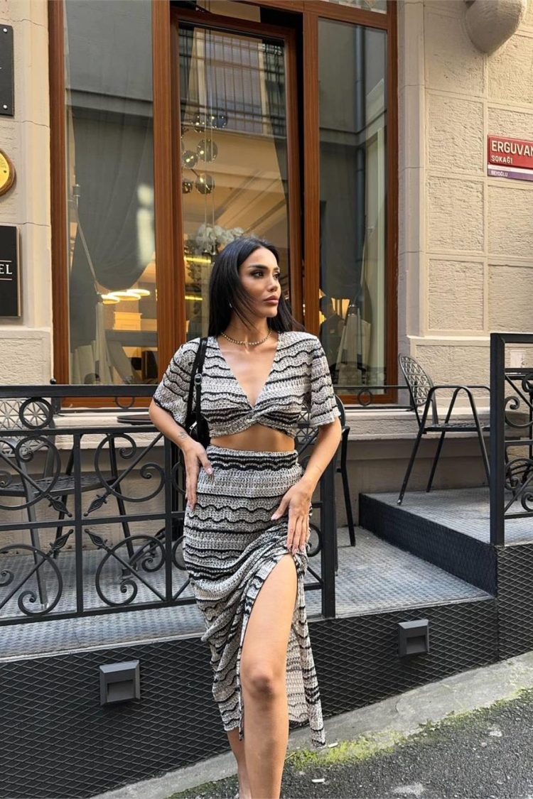 Fishnet Lace Slit Skirt Set - Gray - Producer: Ello - Wholesale Women Clothes - TheBS Women