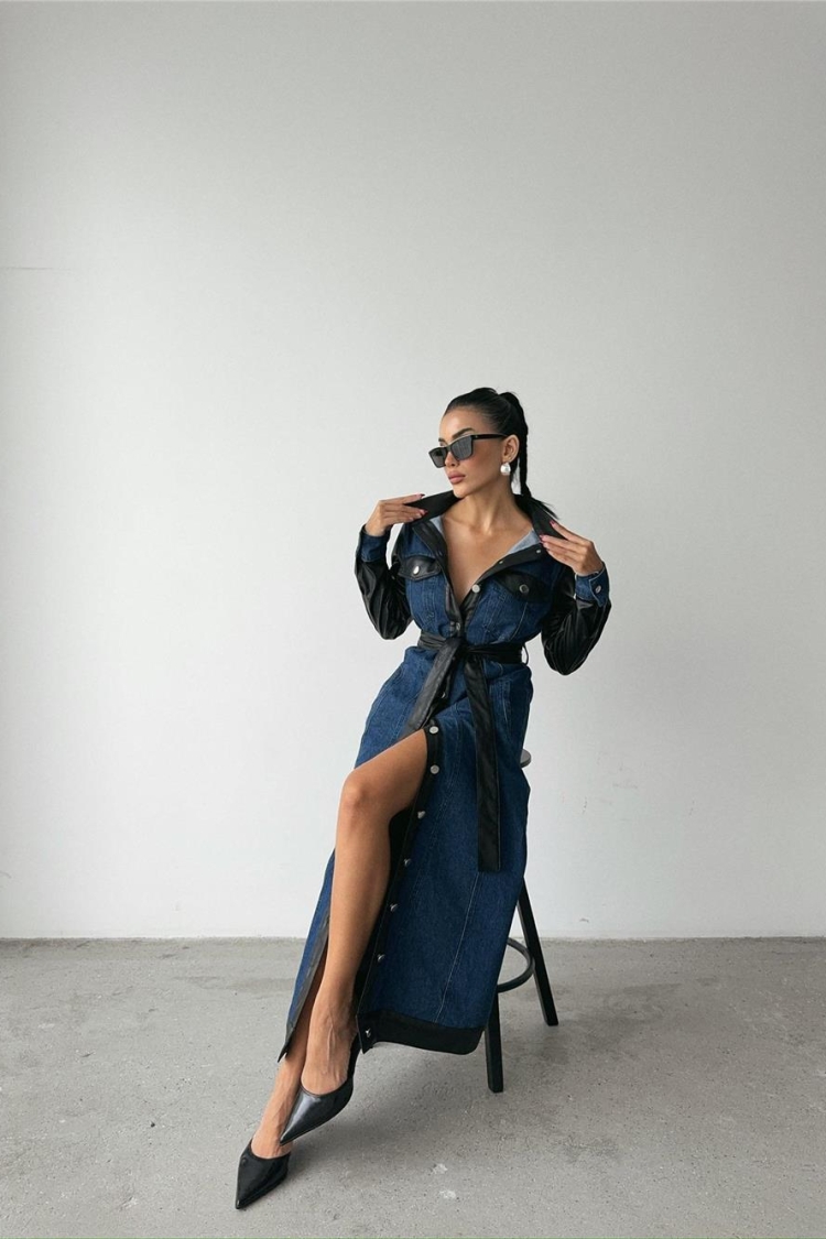 Leather Detailed Buttoned Denim Dress - Blue & Black - Producer: Ello - Wholesale Women Clothes - TheBS Women