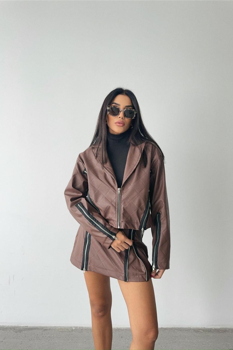 Zippered Quilted Leather Skirt Tan - Producer: Ello - Wholesale Women Clothes - TheBS Women